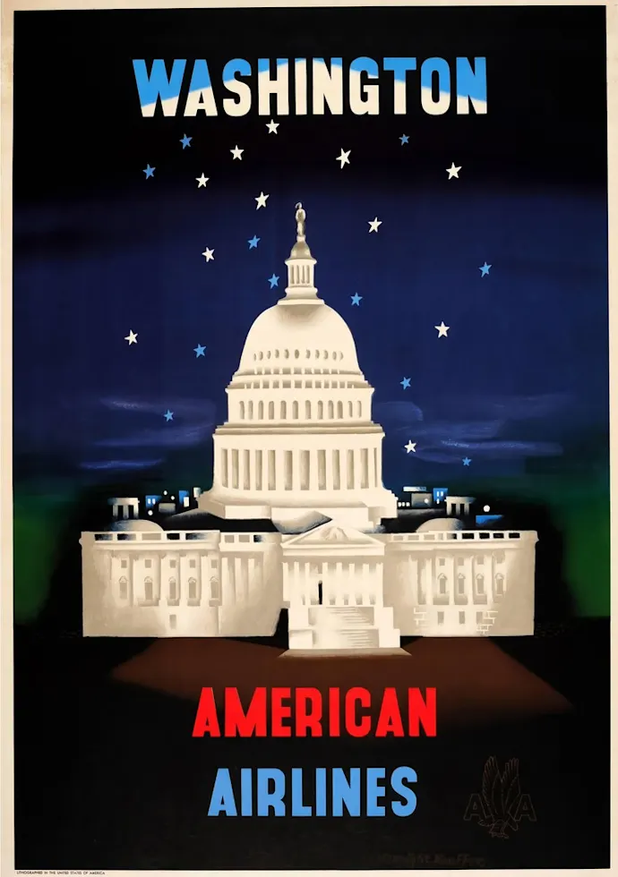 Vintažinis kelionių plakatas American Airlines Washington – vintažinis kelionių plakatas | Framein