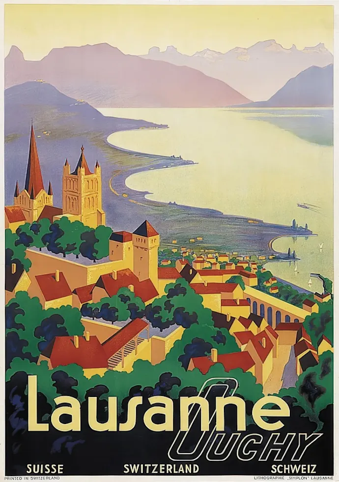 Vintažinis kelionių plakatas Lausanne Ouchy – vintažinis kelionių plakatas | Framein