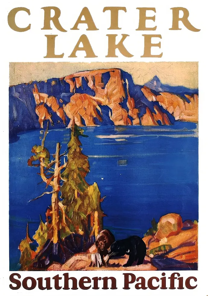 Vintažinis kelionių plakatas Crater Lake Southern Pacific 1928 – vintažinis kelionių plakatas | Framein
