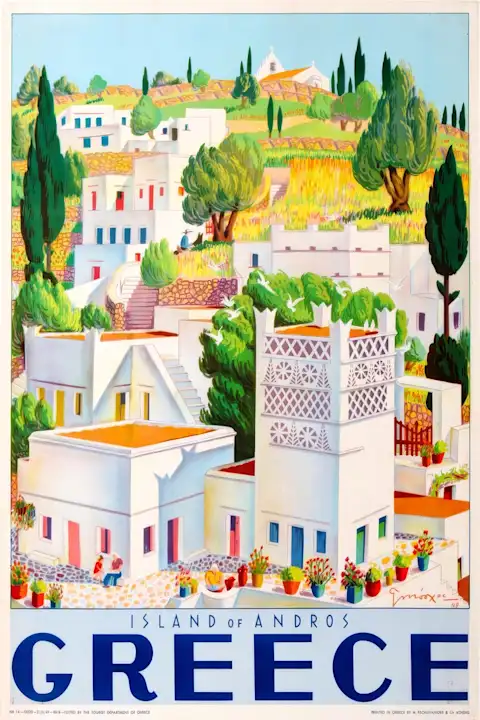 Vintažinis kelionių plakatas Greece Andros 1949 – vintažinis kelionių plakatas | Framein