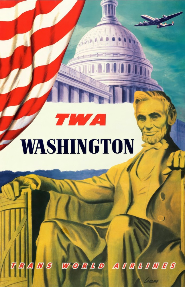 Vintažinis kelionių plakatas TWA Airlines Washington DC Abe Lincoln – vintažinis kelionių plakatas | Framein