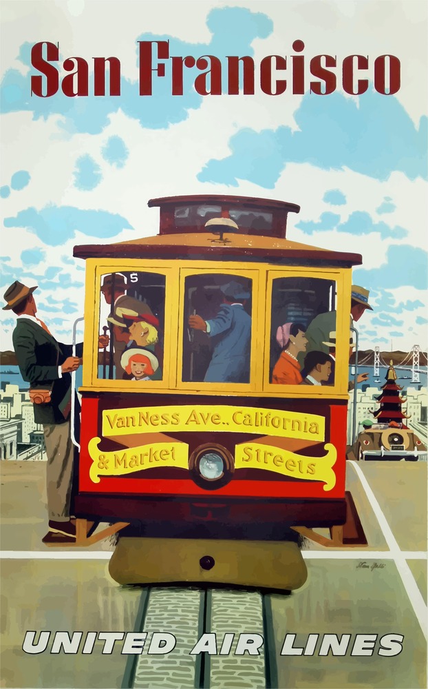 Vintažinis kelionių plakatas San Francisco cable car – vintažinis kelionių plakatas | Framein