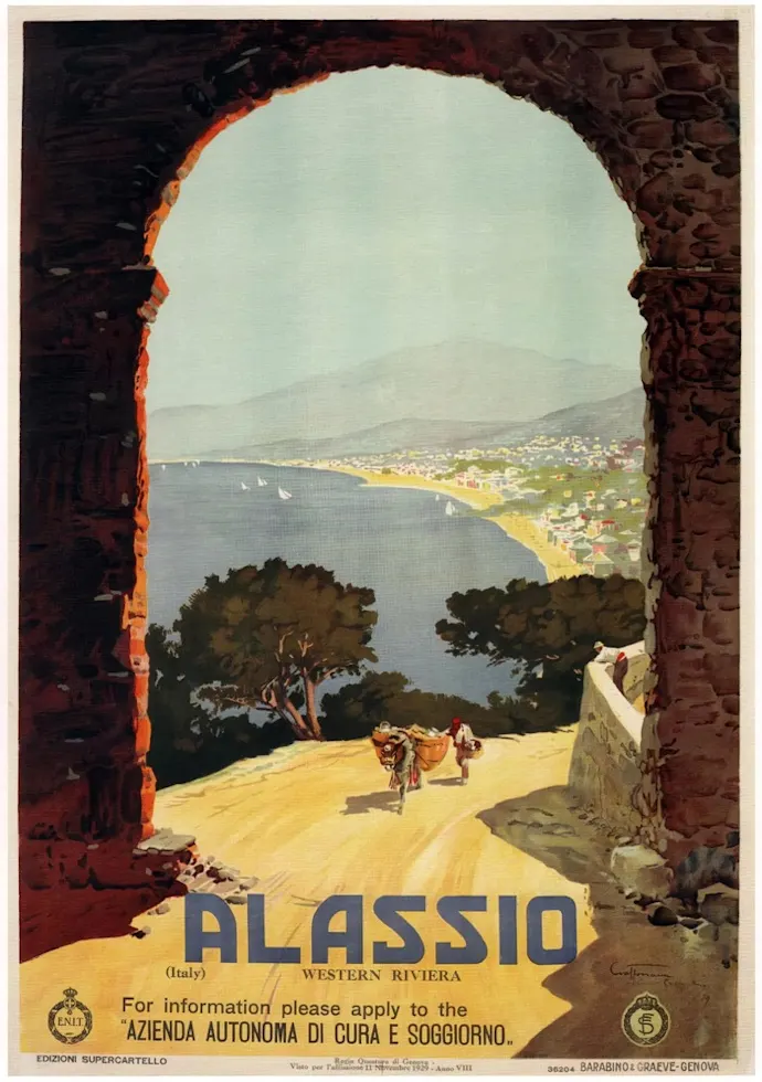 Vintažinis kelionių plakatas Alassio Western Riviera 1929 – vintažinis kelionių plakatas | Framein