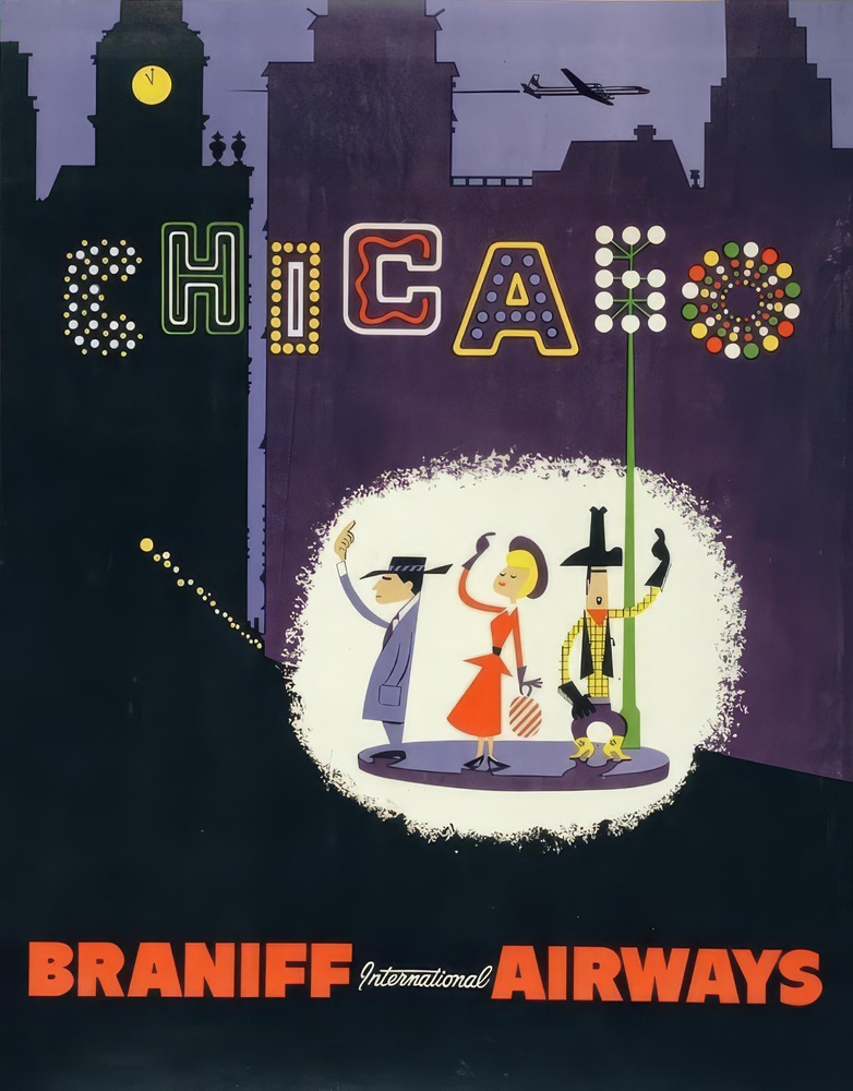 Vintažinis kelionių plakatas Chicago Braniff Airlines – vintažinis kelionių plakatas | Framein