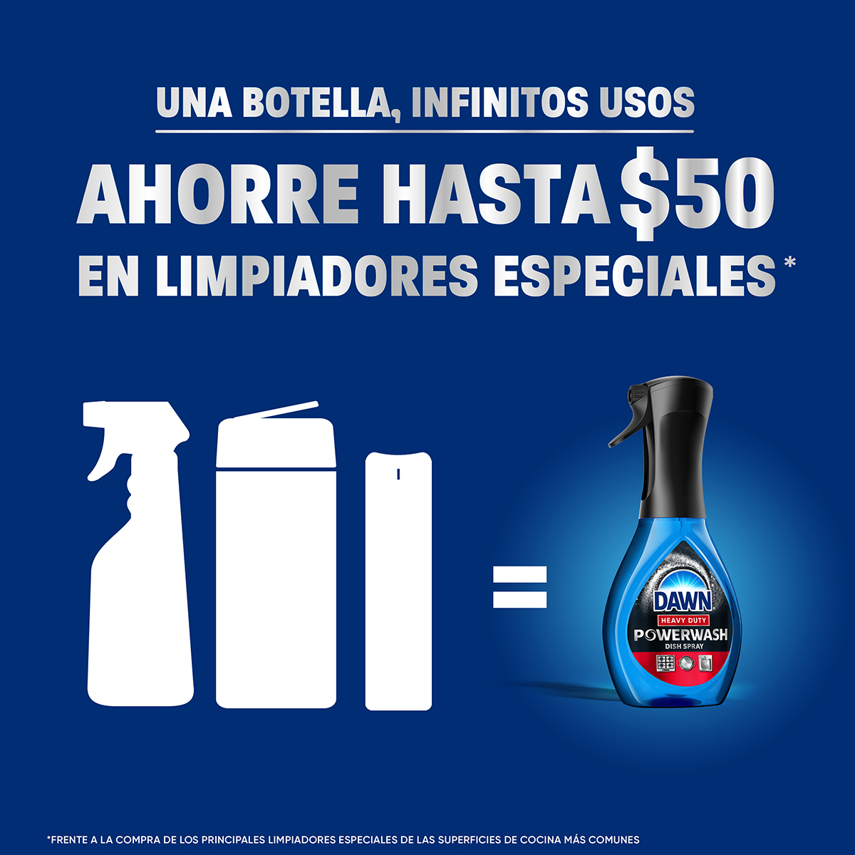 UNA BOTELLA, INFINITOS USOS  AHORRE HASTA $50  EN LIMPIADORES ESPECIALES*  FRENTE A LA COMPRA DE LOS PRINCIPALES LIMPIADORES ESPECIALES DE LAS SUPERFICIES DE COCINA MÁS COMUNES