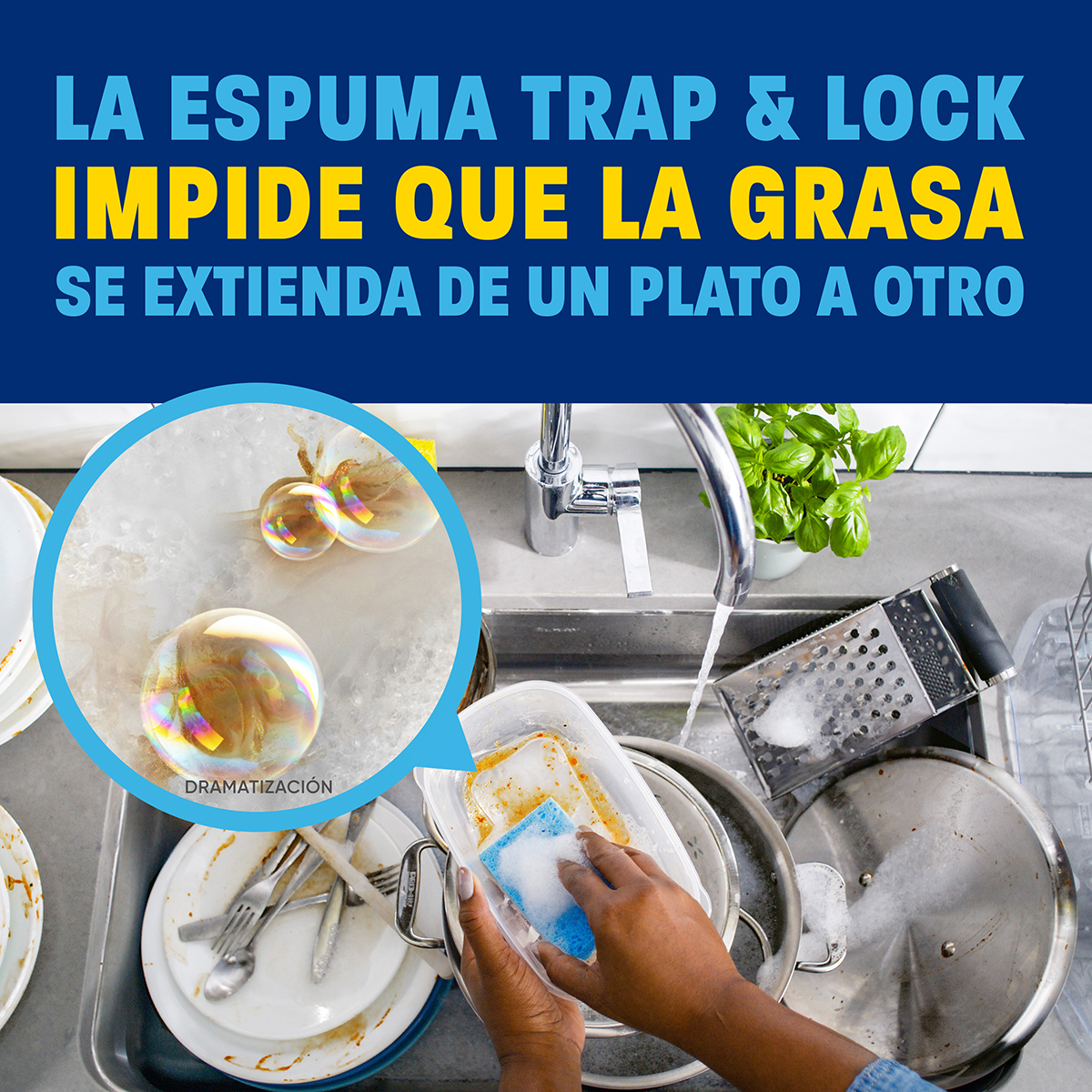 LA ESPUMA TRAP & LOCK IMPIDE QUE LA GRASA SE EXTIENDA DE UN PLATO A OTRO  DRAMATIZACIÓN