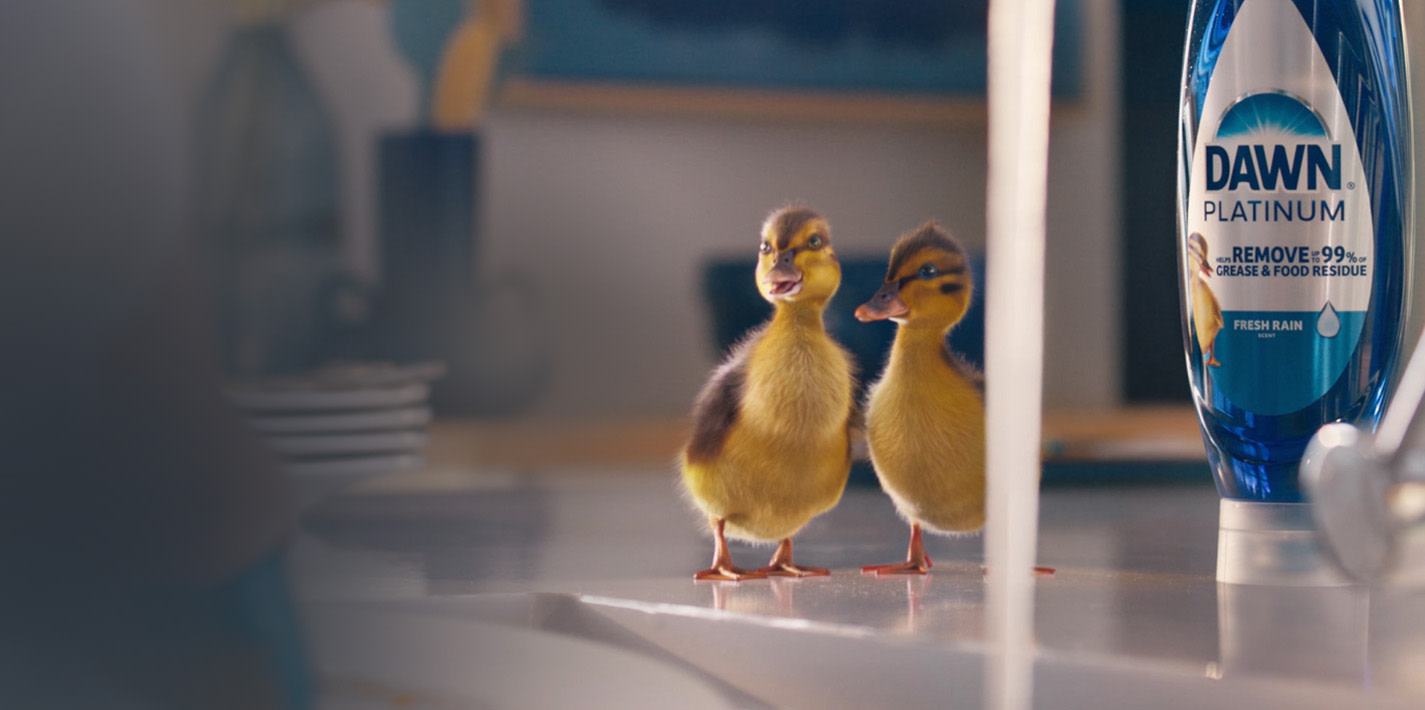 Dos patitos sobre la mesa, debajo de Dawn Platinum EZ-Squeeze