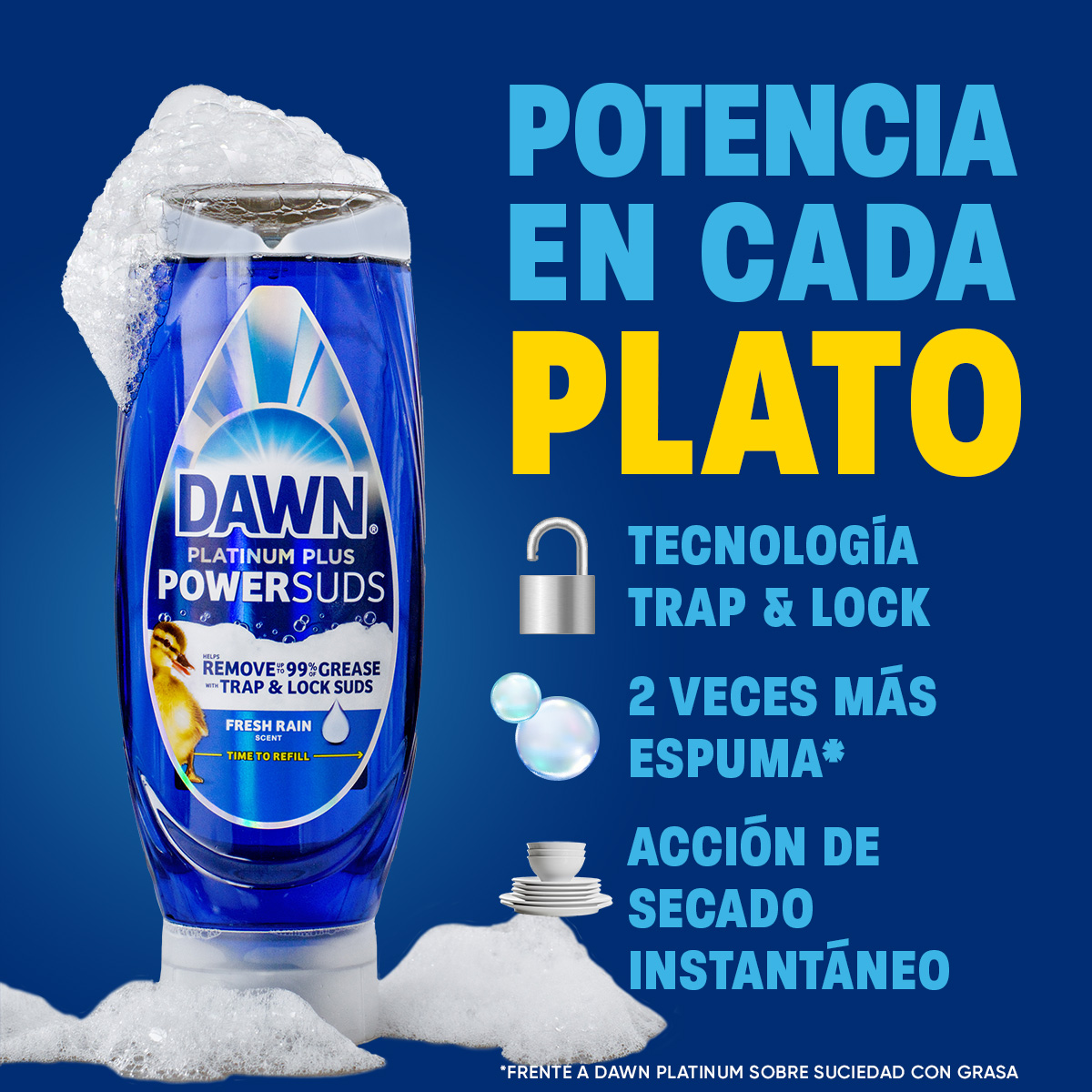 POTENCIA EN CADA PLATO:  TECNOLOGÍA TRAP & LOCK;  2 VECES MÁS ESPUMA;  ACCIÓN DE SECADO INSTANTÁNEO