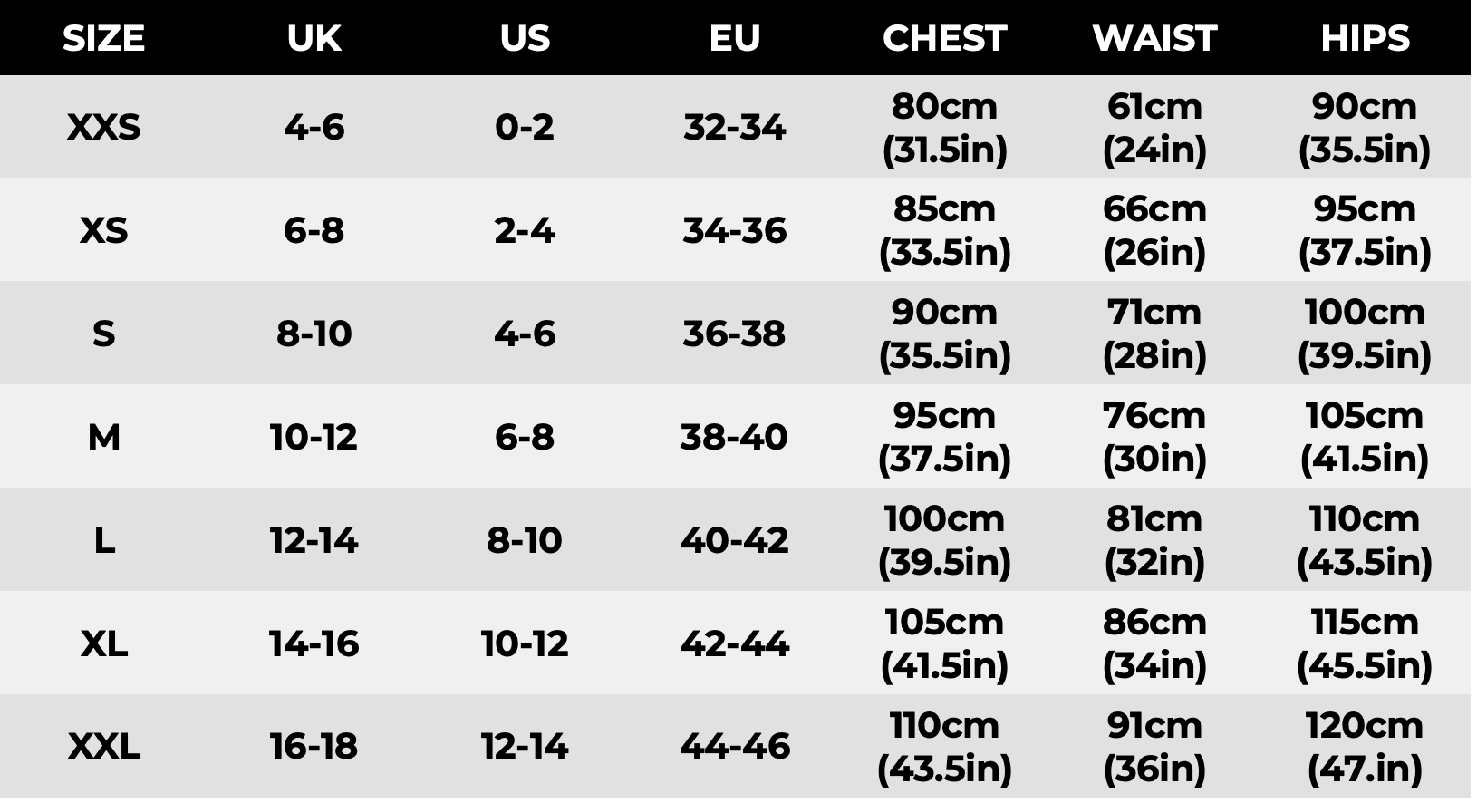 Womens size guide updated