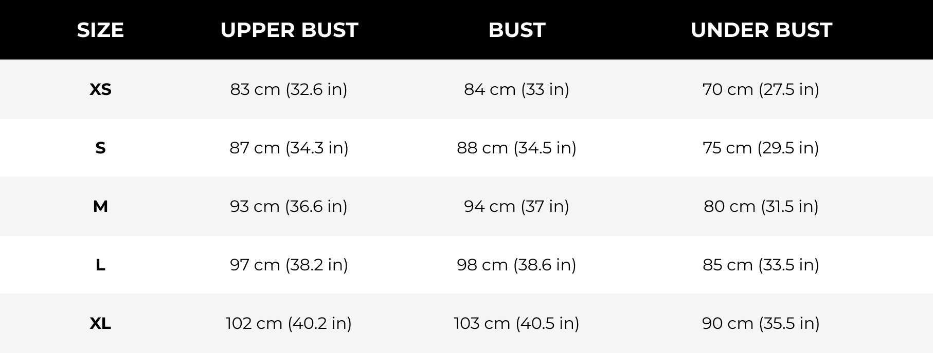 Size chart 2025 for gymshark