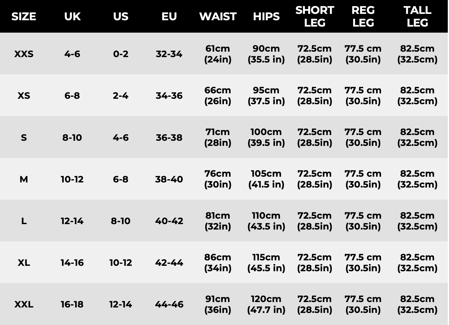 Womens Size Guide Bottoms