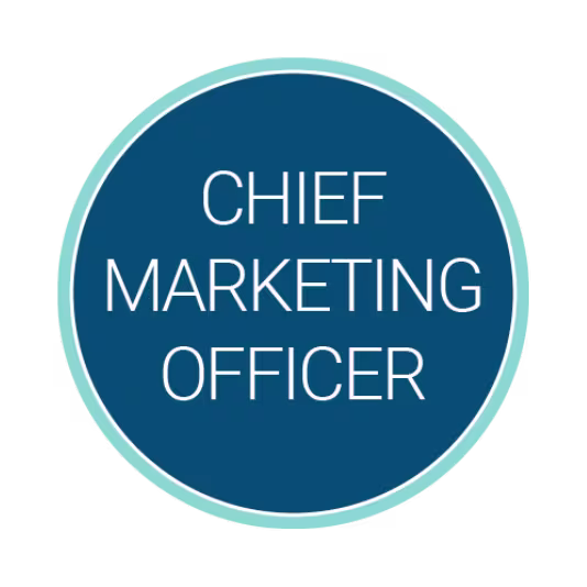 Circular blue logo with a light teal border containing the white title “Chief Marketing Officer” centered inside.