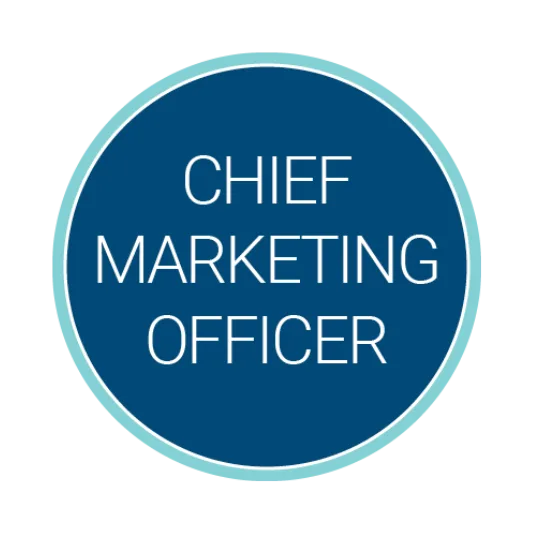 Circular blue logo with a light teal border containing the white title “Chief Marketing Officer” centered inside.