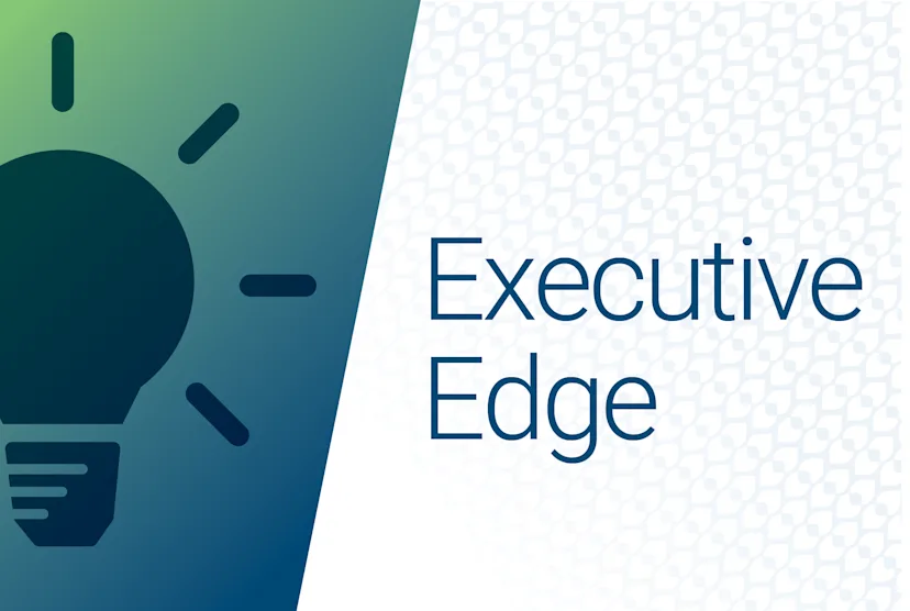 Graphic featuring a lightbulb icon and the text “Executive Edge” against a blue and white patterned background, representing a branded content series.

