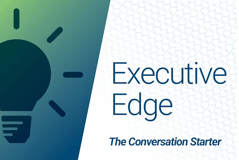 Graphic featuring a lightbulb icon and the text “Executive Edge” against a blue and white patterned background, representing a branded content series.

