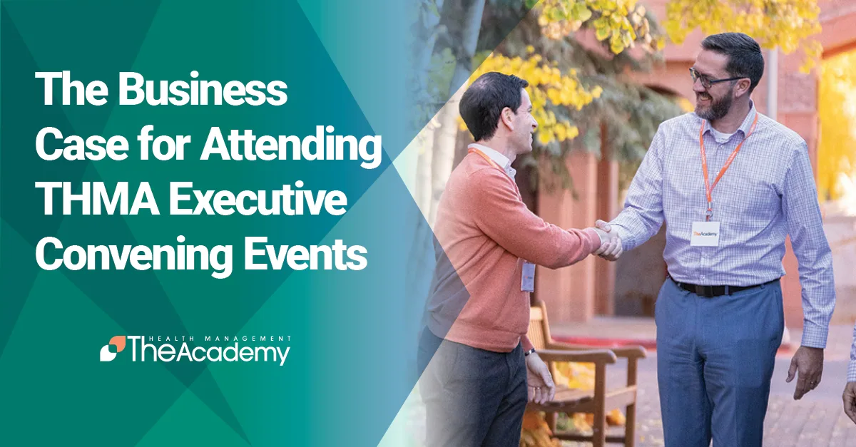 Two healthcare executives shaking hands at a THMA Executive Convening event, illustrating the business case for high-level networking and partnership building.