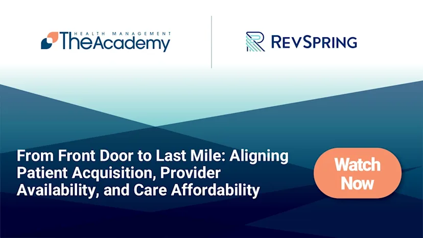 Promotional graphic co-branded by The Health Management Academy and RevSpring for “From Front Door to Last Mile: Aligning Patient Acquisition, Provider Availability, and Care Affordability,” with a “Watch Now” call-to-action button on a blue geometric background.