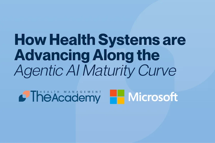 Blue branded graphic from The Health Management Academy displaying the headline “How Health Systems are Advancing Along the Agentic AI Maturity Curve,” used as a report or section header image.