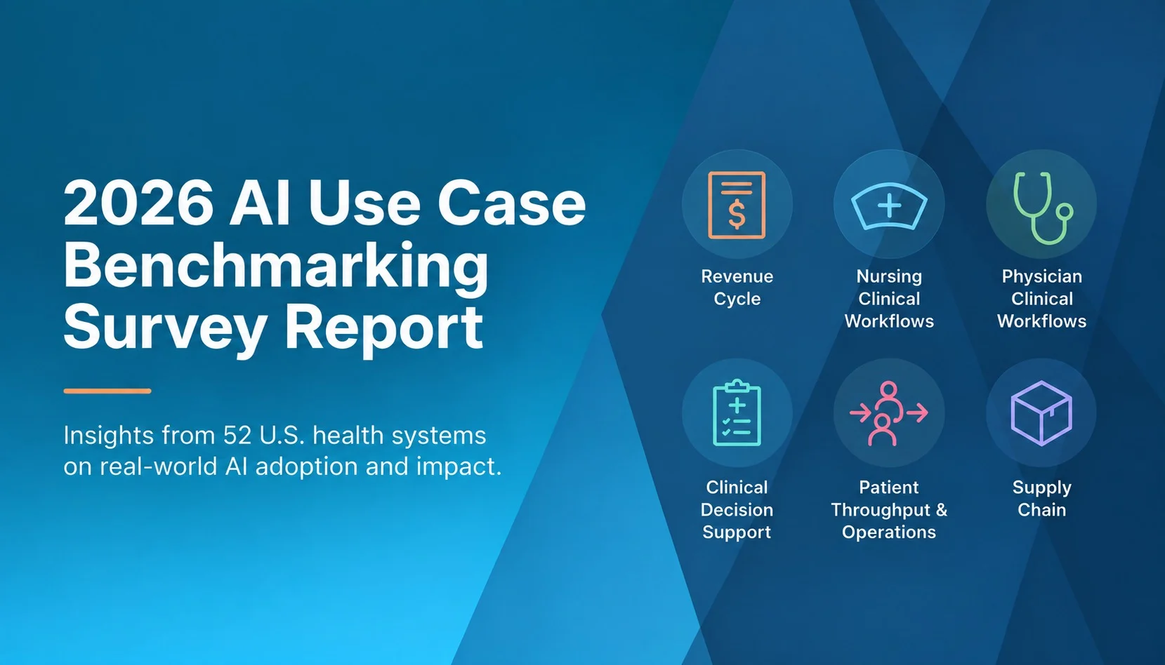 A polished executive report hero image highlighting six key healthcare AI use-case categories against a modern blue and teal geometric backdrop.