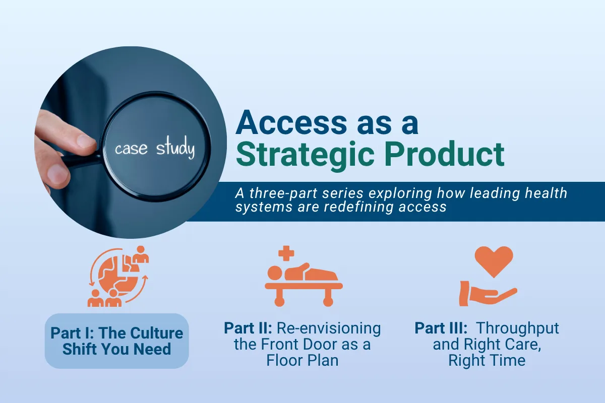 Graphic titled “Access as a Strategic Product,” promoting a three-part case study series on how leading health systems are redefining access. Includes a magnifying glass highlighting the words “case study” and three labeled parts: Part I – The Culture Shift You Need, Part II – Re-envisioning the Front Door as a Floor Plan, and Part III – Throughput and Right Care, Right Time.