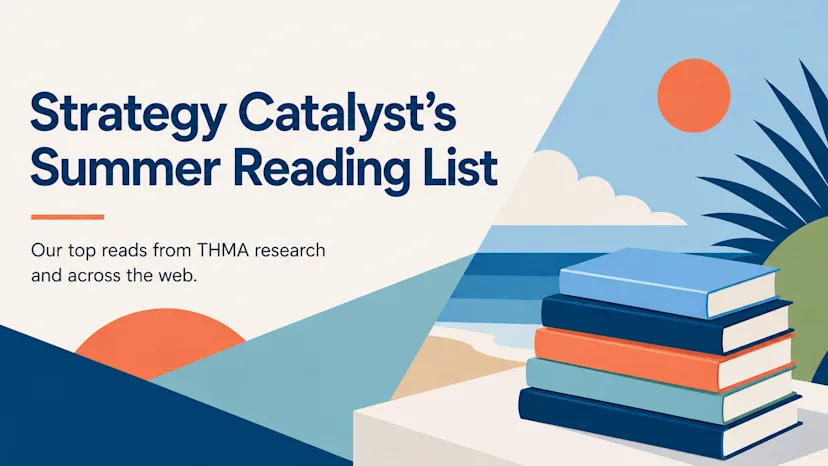 Strategy Catalyst's Summer Reading List with stacked books, palm leaf, and abstract beach scene