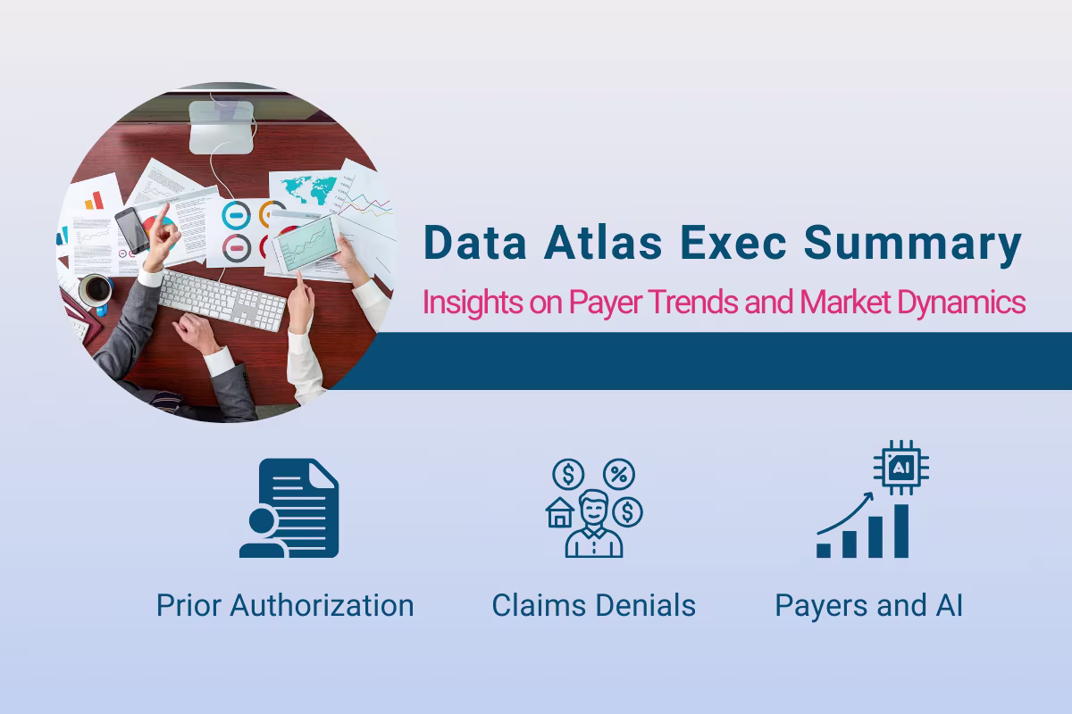 Graphic for the Data Atlas Executive Summary featuring insights on prior authorization, claims denials, and payer use of AI.