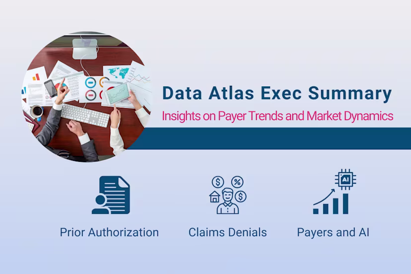 Graphic for the Data Atlas Executive Summary featuring insights on prior authorization, claims denials, and payer use of AI.