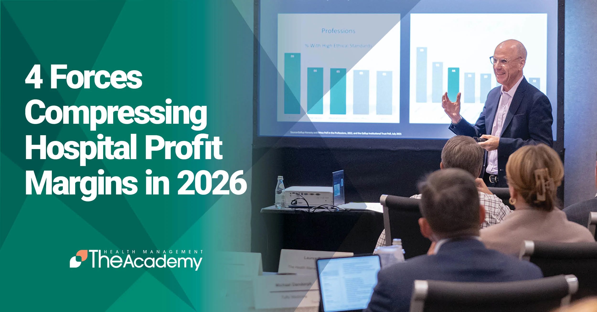 Graphic banner featuring a green geometric pattern on the left with bold white text that reads, "4 Forces Compressing Hospital Profit Margins in 2026," with "The Academy Health Management" logo underneath.
