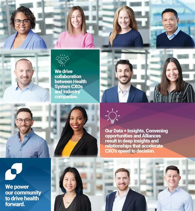 Collage of team member portraits from The Health Management Academy alongside mission statements about collaboration, data and insights, and community impact. Includes colorful graphic panels emphasizing partnerships between health systems and industry, accelerating decision-making, and driving health forward.







