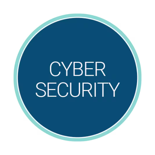 Circular blue logo with a light teal border containing the white title “Cyber Security” centered inside.