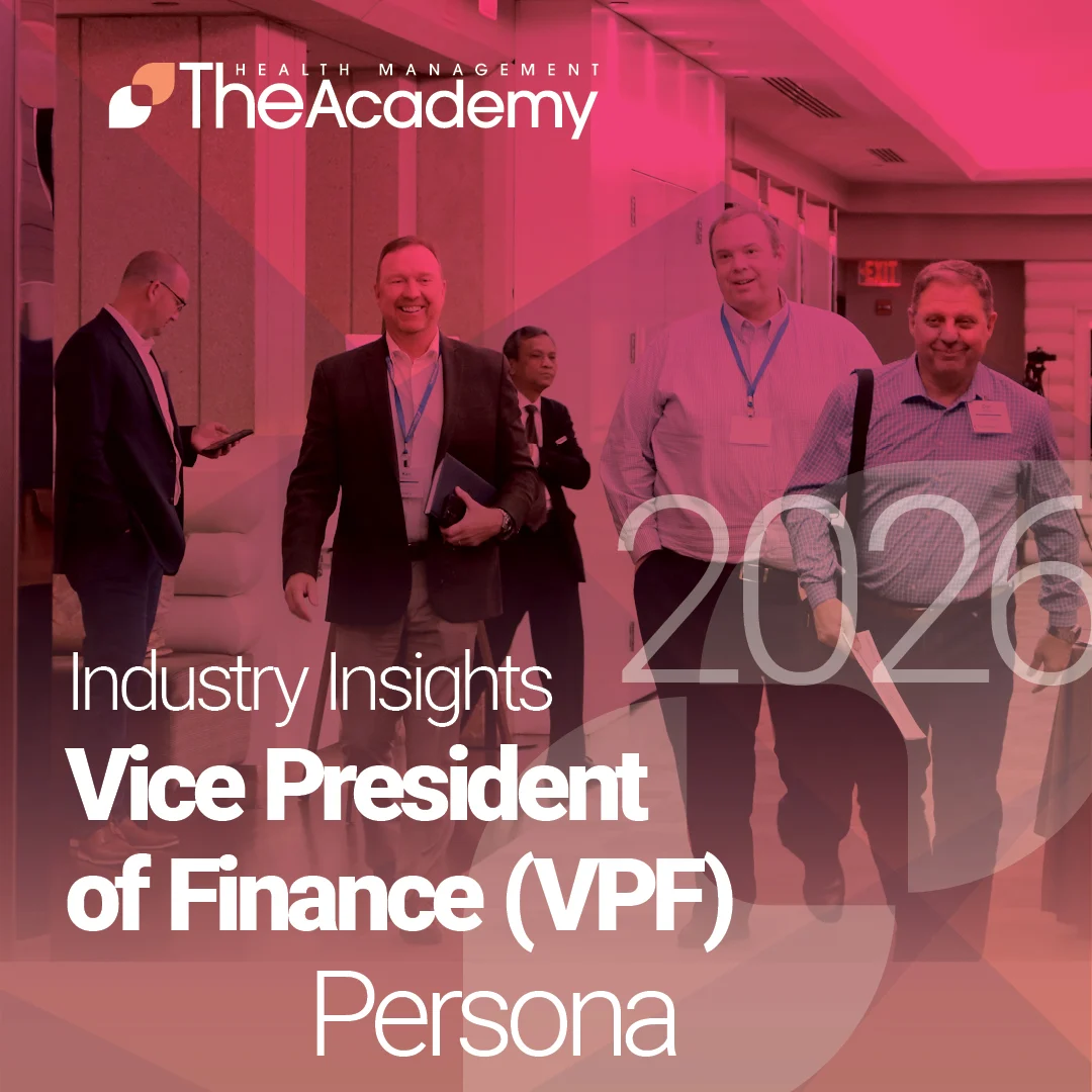 Cover of the 2026 Industry Insights VPF Persona report from The Academy, featuring healthcare executives walking through a professional conference hallway with a pink color overlay.
