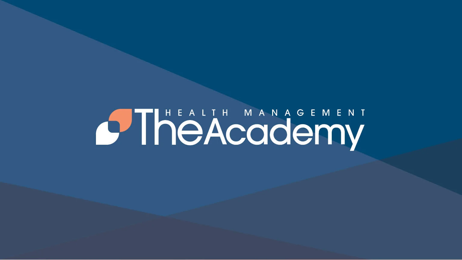 The Health Management Academy logo in white against a dark blue and navy geometric background, featuring the brand's signature orange and white emblem.