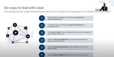 Slide titled Six ways to lead with value, outlining strategies for health systems to navigate site-neutral payment policies.