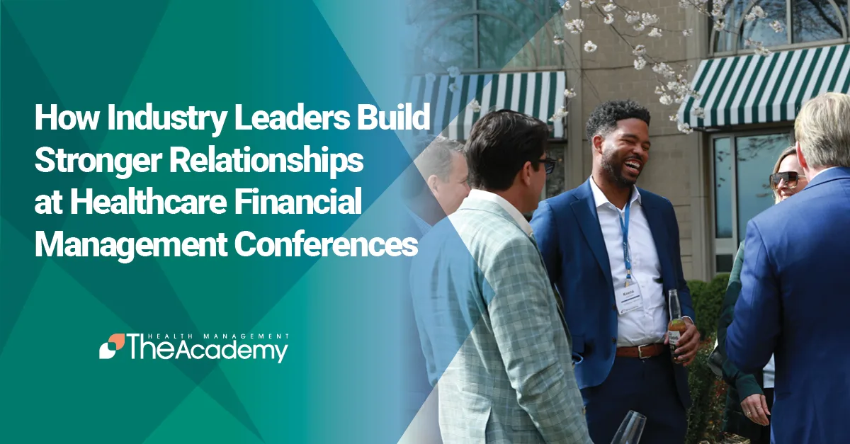 Diverse healthcare industry leaders networking outdoors at a financial management conference to build relationships with hospital executives.