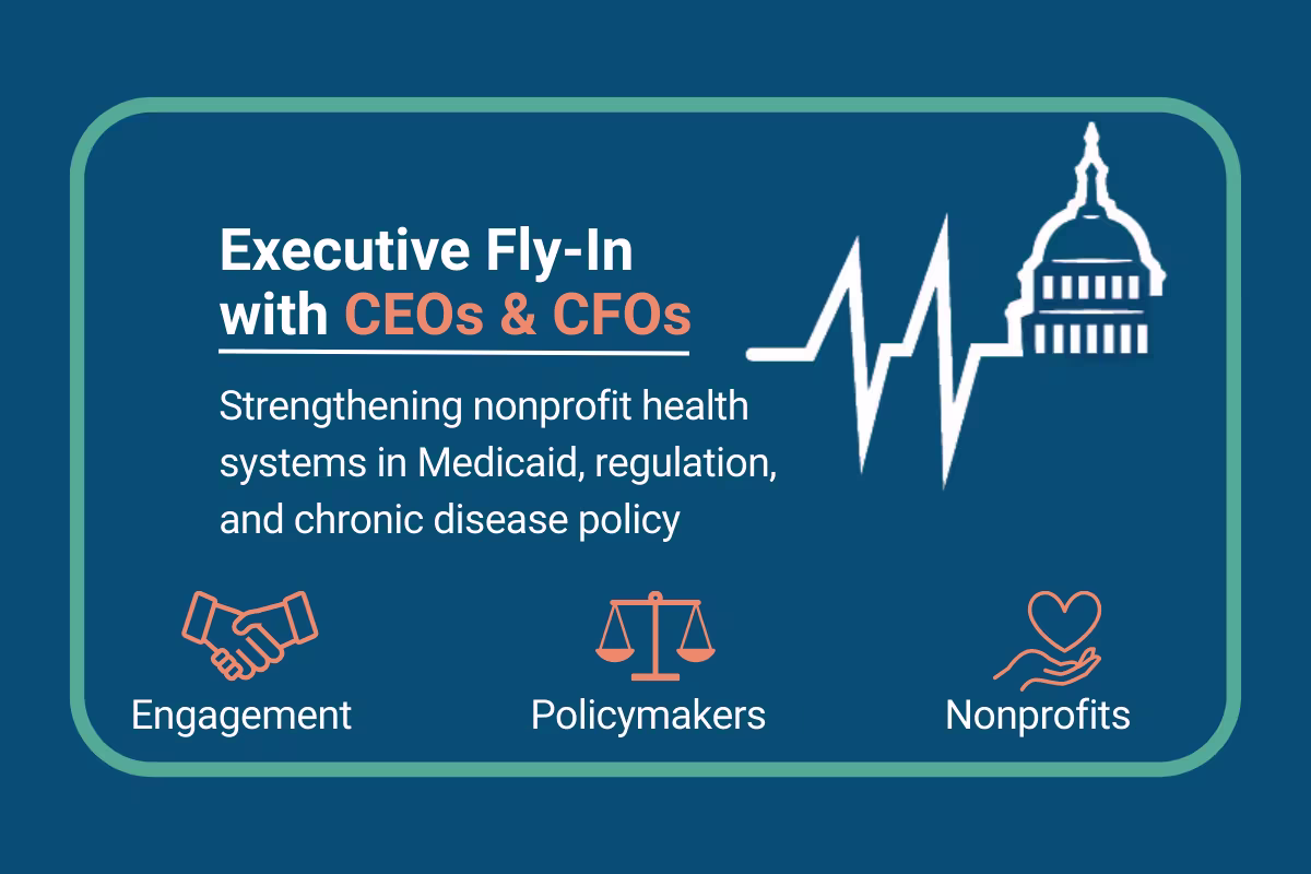 Graphic titled “Executive Fly-In with CEOs & CFOs” featuring a U.S. Capitol dome with a heartbeat line. Subtext reads: “Strengthening nonprofit health systems in Medicaid, regulation, and chronic disease policy.” Three icons with labels are shown: handshake for Engagement, scale for Policymakers, and heart for Nonprofits.