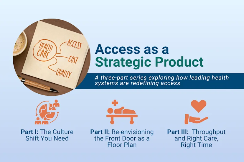 Graphic titled “Access as a Strategic Product,” promoting a three-part series on how leading health systems are redefining access. Includes an image labeled “Health Care: Access, Cost, Quality” and icons for each part: Part I – The Culture Shift You Need, Part II – Re-envisioning the Front Door as a Floor Plan, and Part III – Throughput and Right Care, Right Time.