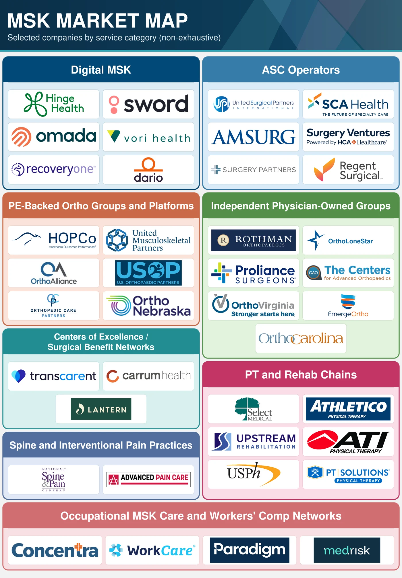 MSK market map showing selected company logos grouped into digital MSK, ASC operators, PE-backed orthopedic groups and platforms, independent physician-owned groups, surgical benefit networks, PT and rehabilitation chains, spine and pain practices, and occupational health and workers’ compensation networks.