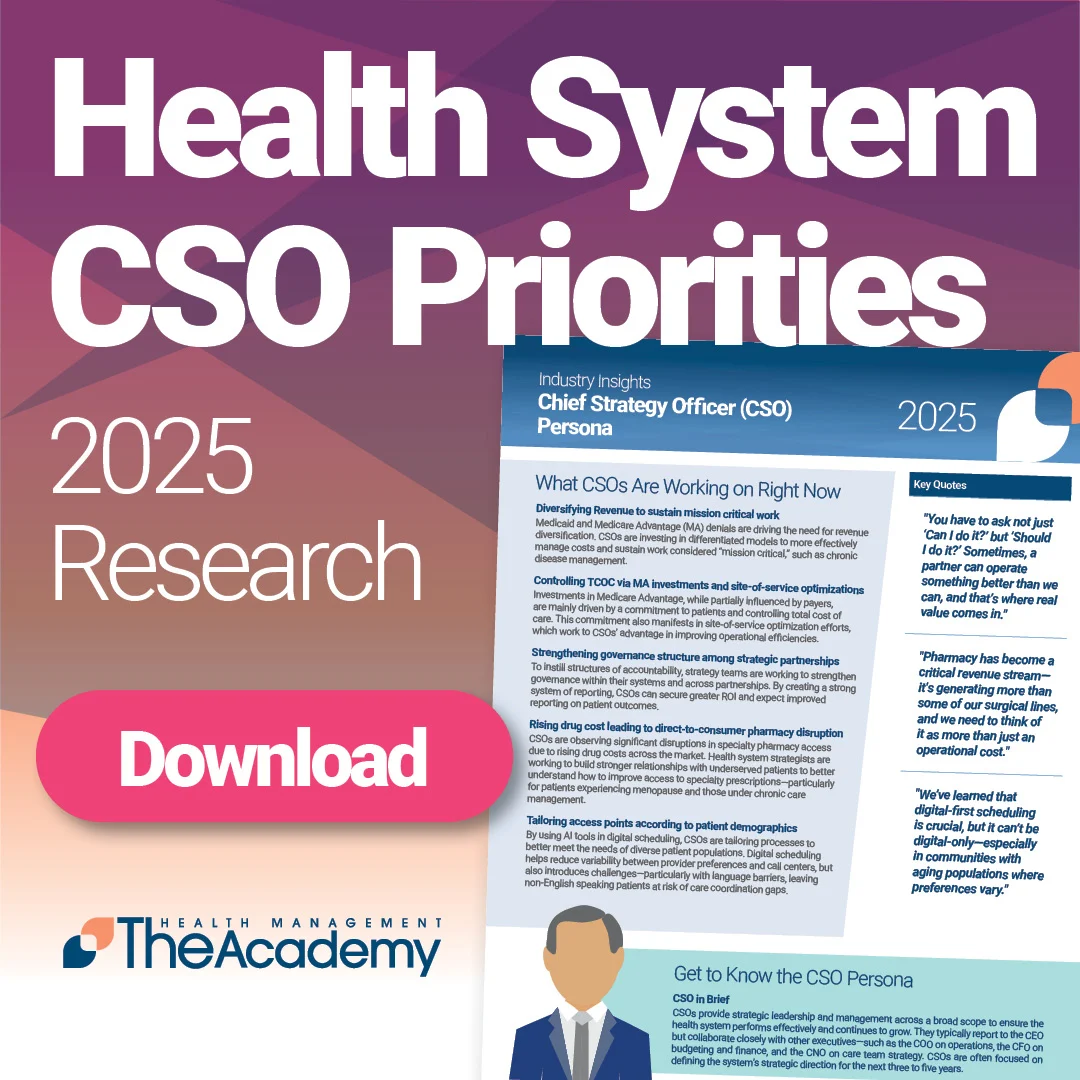 Promotional image for downloading a 2025 research report on Health System Chief Strategy Officer (CSO) priorities. Features a preview of the report and a large pink "Download" button, with The Health Management Academy logo at the bottom.