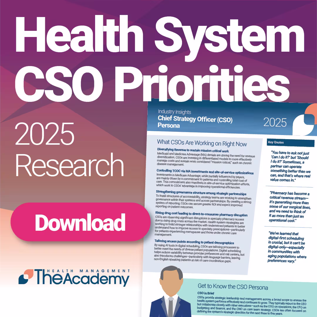 Promotional image for downloading a 2025 research report on Health System Chief Strategy Officer (CSO) priorities. Features a preview of the report and a large pink "Download" button, with The Health Management Academy logo at the bottom.