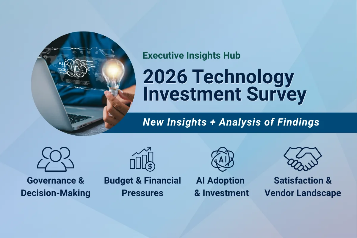 Graphic promoting the 2026 Technology Investment Survey from Executive Insights Hub, featuring a hand holding a glowing lightbulb over a technology background and highlighting four focus areas: governance and decision-making, budget and financial pressures, AI adoption and investment, and satisfaction and vendor landscape.