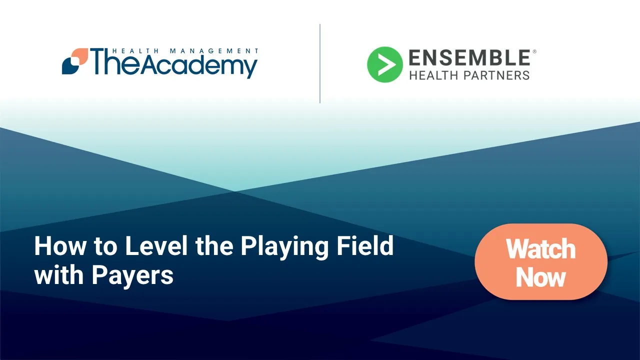 Webinar promotion featuring The Academy and Ensemble Health Partners logos with the title How to Level the Playing Field with Payers and an orange “Watch Now” button on a blue geometric background.

