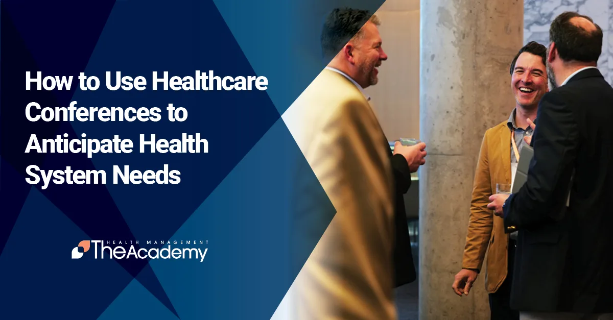 Three healthcare executives laughing and networking during a break, illustrating how to use healthcare conferences to build relationships and anticipate system needs.