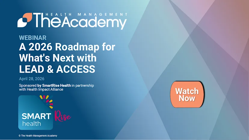 Webinar promotional graphic from The Academy titled “A 2026 Roadmap for What’s Next with LEAD & ACCESS,” featuring the SmartRise Health logo, Health Impact Alliance sponsorship text, and a “Watch Now” button on a blue abstract background.