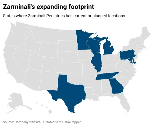 A map of the states where Zarminali Pediatrics has current or planned locations.