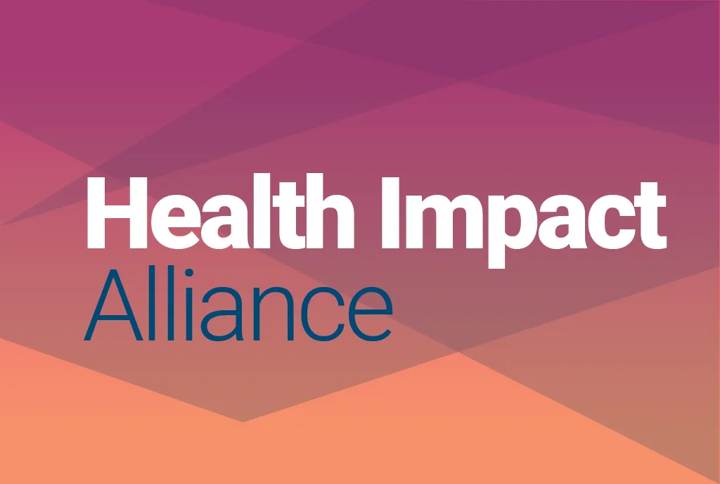 Health Impact Alliance logo with bold white and navy text over a pink and orange geometric background.