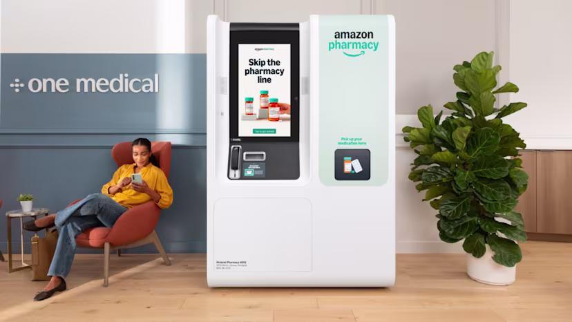 A photo of an Amazon Pharmacy drug kiosk in a One Medical office.