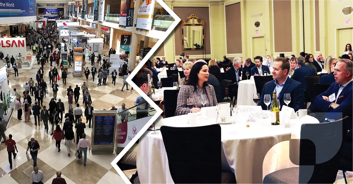 Comparison of a crowded, high-traffic traditional healthcare trade show floor versus a private, intimate THMA dinner session for executive networking.