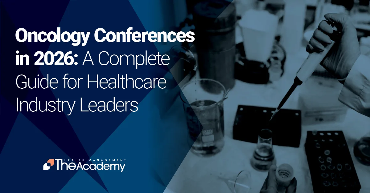 Healthcare executives at an oncology conference in 2026 discussing clinical evidence and cancer center leadership strategy.