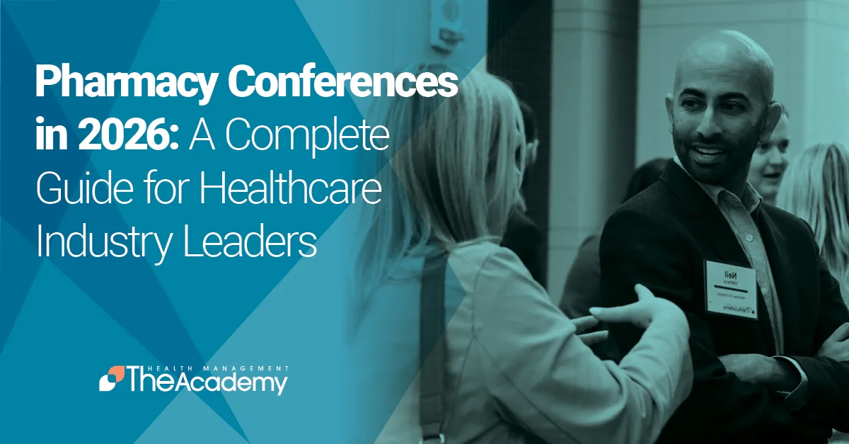 Healthcare industry professional at a 2026 pharmacy conference discussing specialty drug strategy and 340B reform with peers.