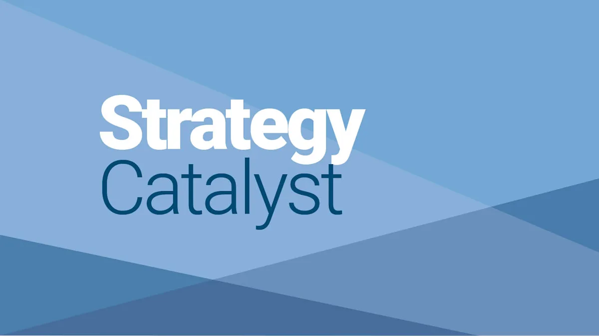 Strategy Catalyst logo with bold white and navy typography overlaid on a layered blue geometric background.